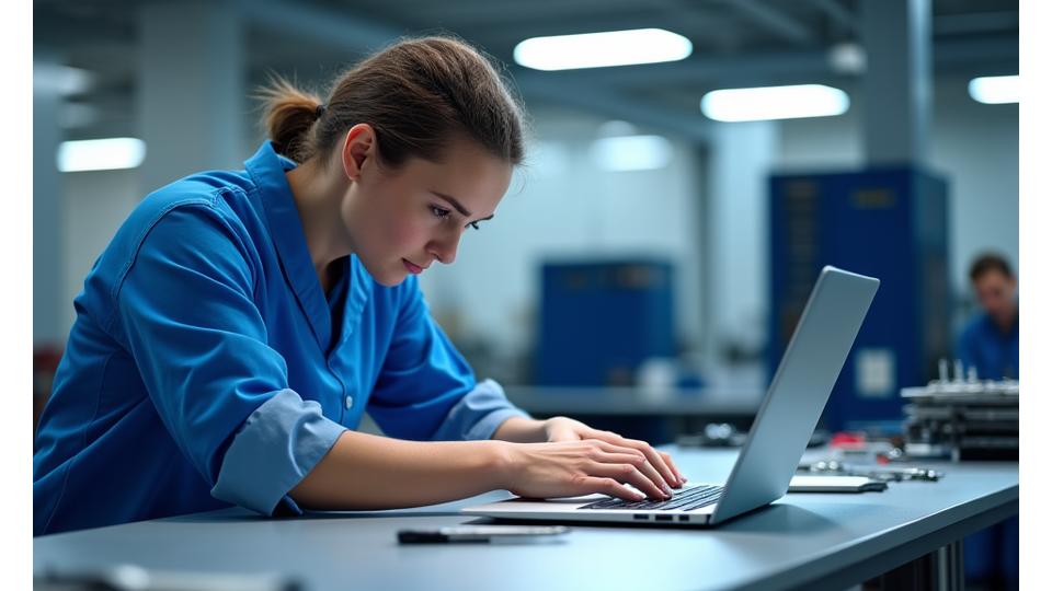 Techniker repariert Laptop in einem sauberen, modernen Büro mit Fokus auf Kundenzufriedenheit.