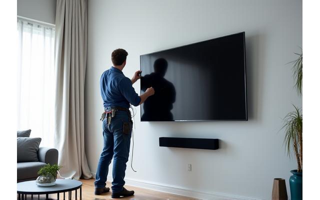 Techniker montiert grossen Fernseher an einer Wand in einem modernen Wohnzimmer