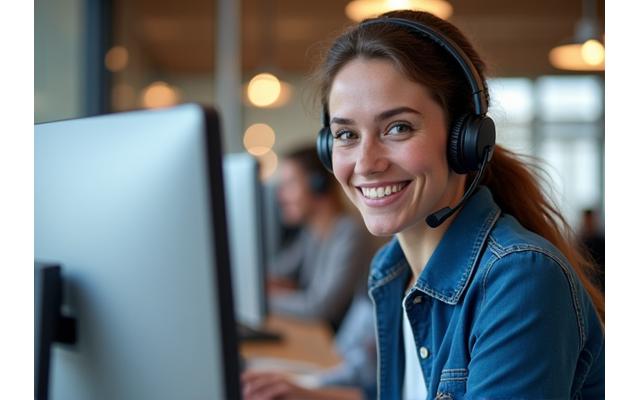 Person am Telefon mit Headset, während sie am Computer arbeitet und Support leistet