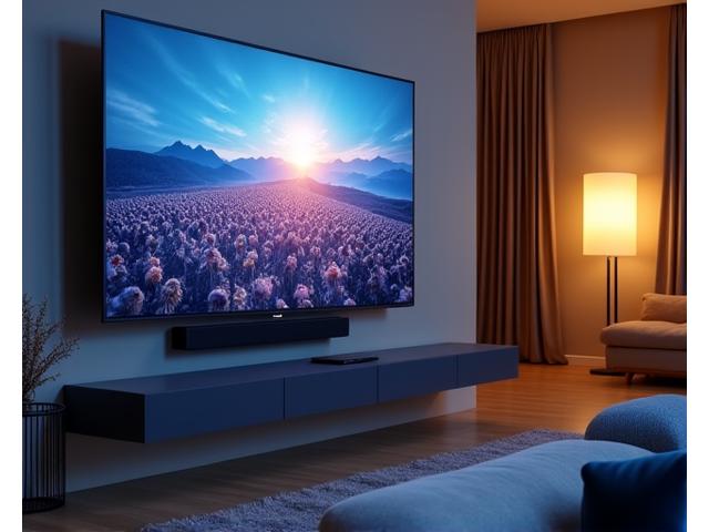 Ein hochmoderner OLED-Fernseher mit einer Soundbar in einem stilvollen Wohnzimmer.