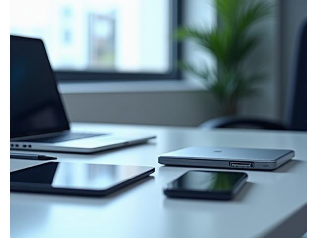 Eine moderne Arbeitsecke mit Laptop, Tablet und Smartphone auf einem sauberen Schreibtisch.