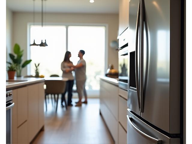 Eine Familie in einer Küche mit modernen, energieeffizienten Haushaltsgeräten inklusive Kühlschrank und Backofen.