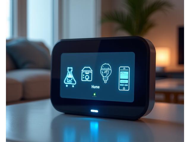 Ein Smart-Home-Hub zeigt vernetzte Geräte wie intelligente Beleuchtung und Sicherheitssensoren.
